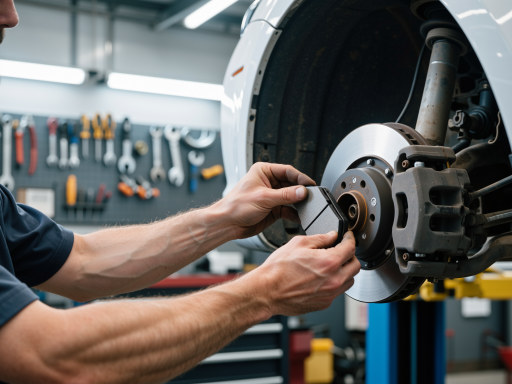 汽车维修车间内部，技师正在专注维修车辆，现代化设备整齐排列，明亮的工作环境