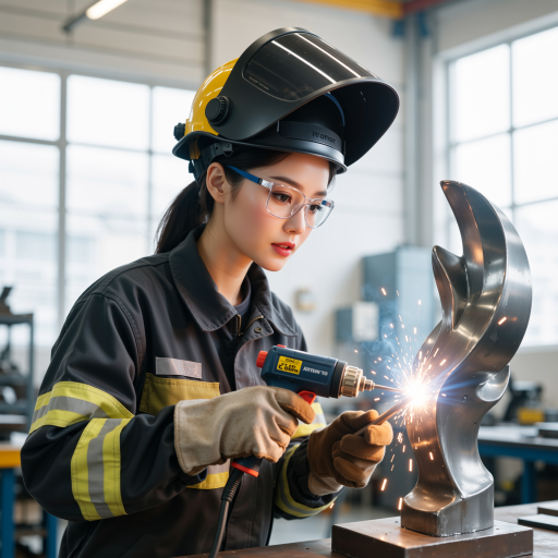 女性汽车维修技师，约35岁，穿着工作服，手持工具，专业自信，面带微笑